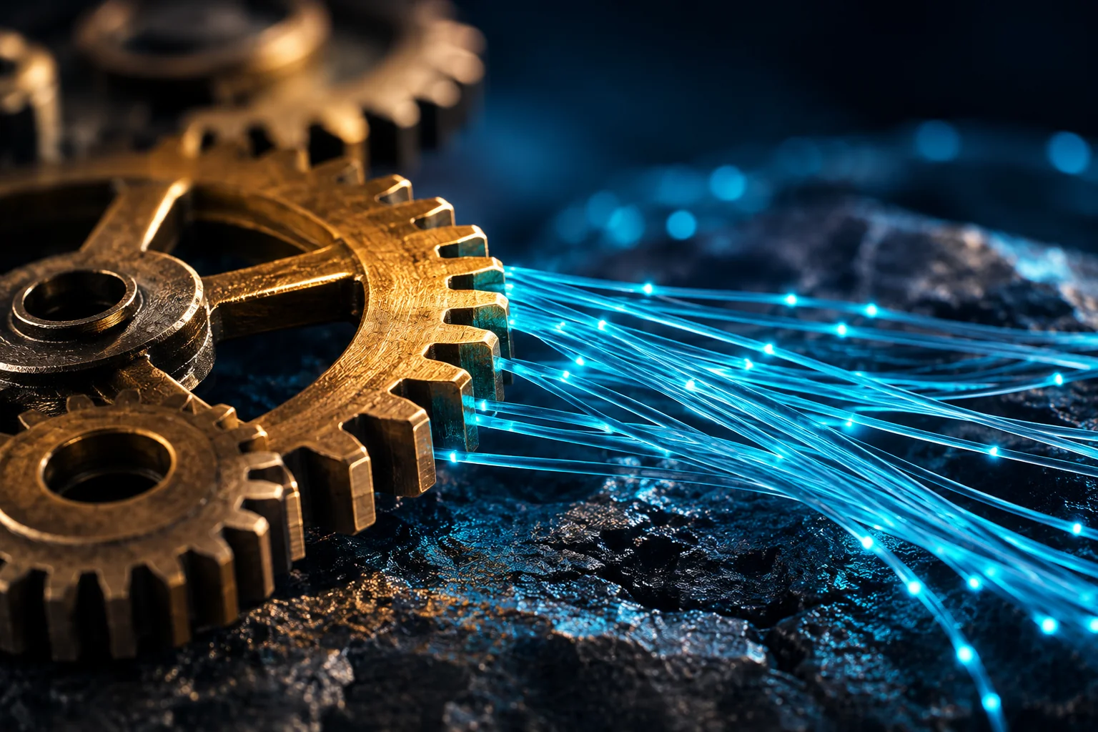 Ineinandergreifende Messingzahnräder, die in leuchtende cyanfarbene Filamente übergehen — Sinnbild für die Auswahl passender KI-Tools