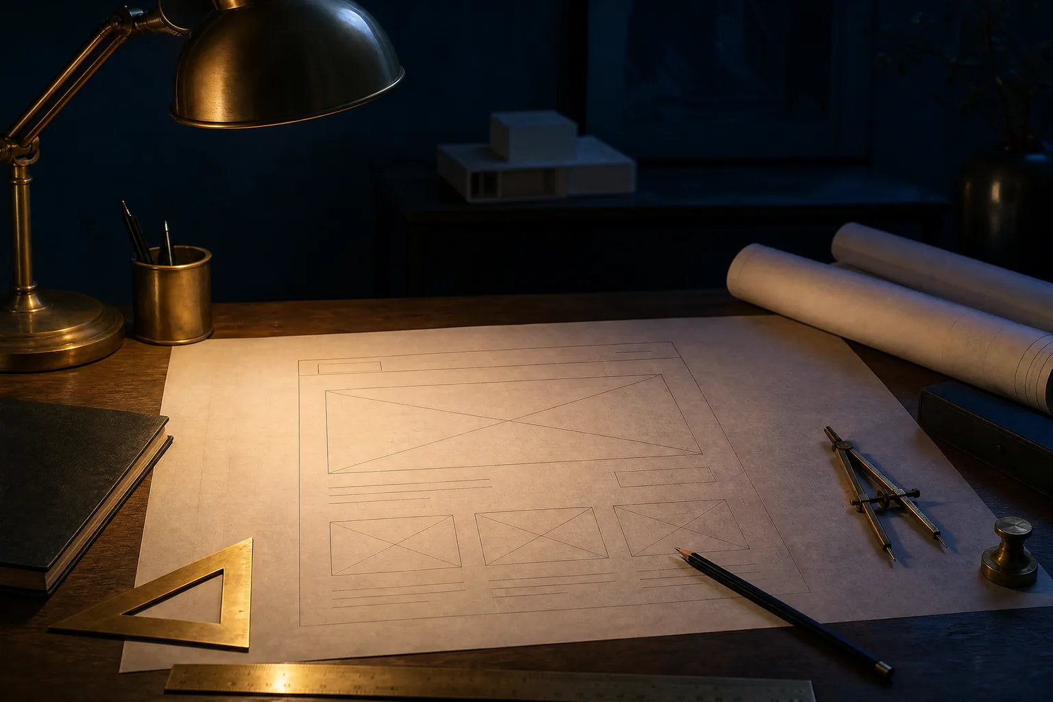 Ein Architektenschreibtisch mit dem Drahtgitter-Entwurf einer Webseite, Zeichenwerkzeuge aus Messing im warmen Lampenlicht vor tiefblauem Schatten
