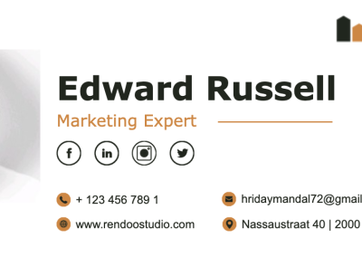 a business card with black text and orange and black text